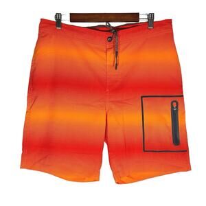 Mack Weldon | Men | Orange Spark Pulse Stripe Beach Swim Board Shorts | Sz 33/34